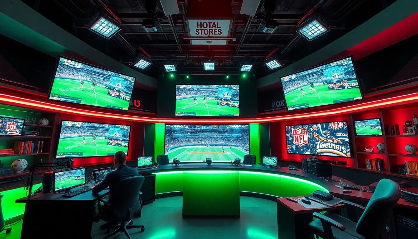 Sports Broadcasting studio with multiple screens showcasing live events and hosts engaging with the audience.