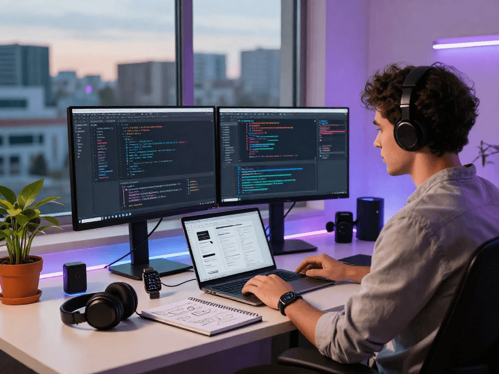 Ambiente de trabalho com foco em multicanais, desenvolvedor em ação com monitores, gadgets e design digital.
