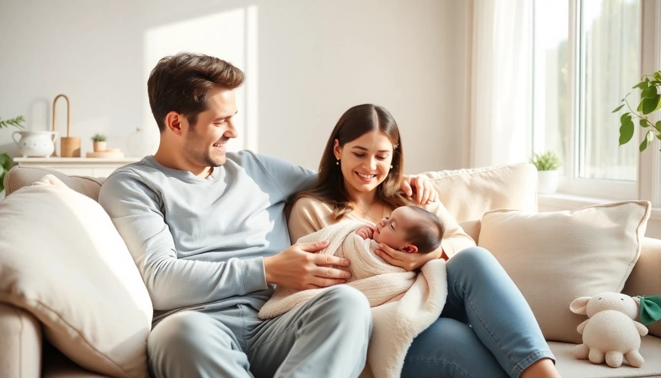 Family with new bornbaby sharing a tender moment in a cozy living room.