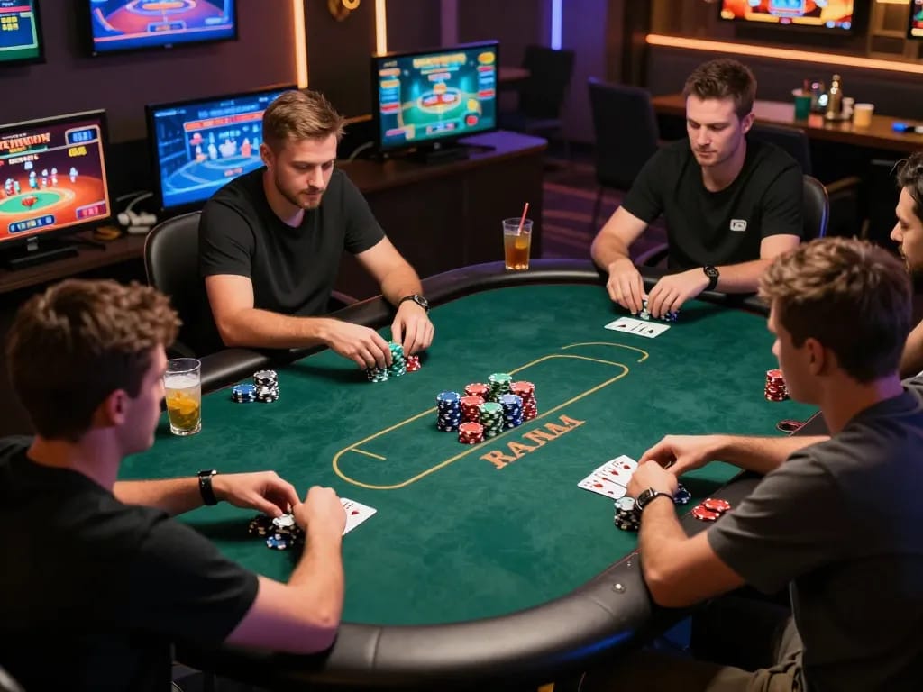 rikvip players engaging in an exciting online poker game, vibrant graphics displayed on multiple screens, cozy atmosphere