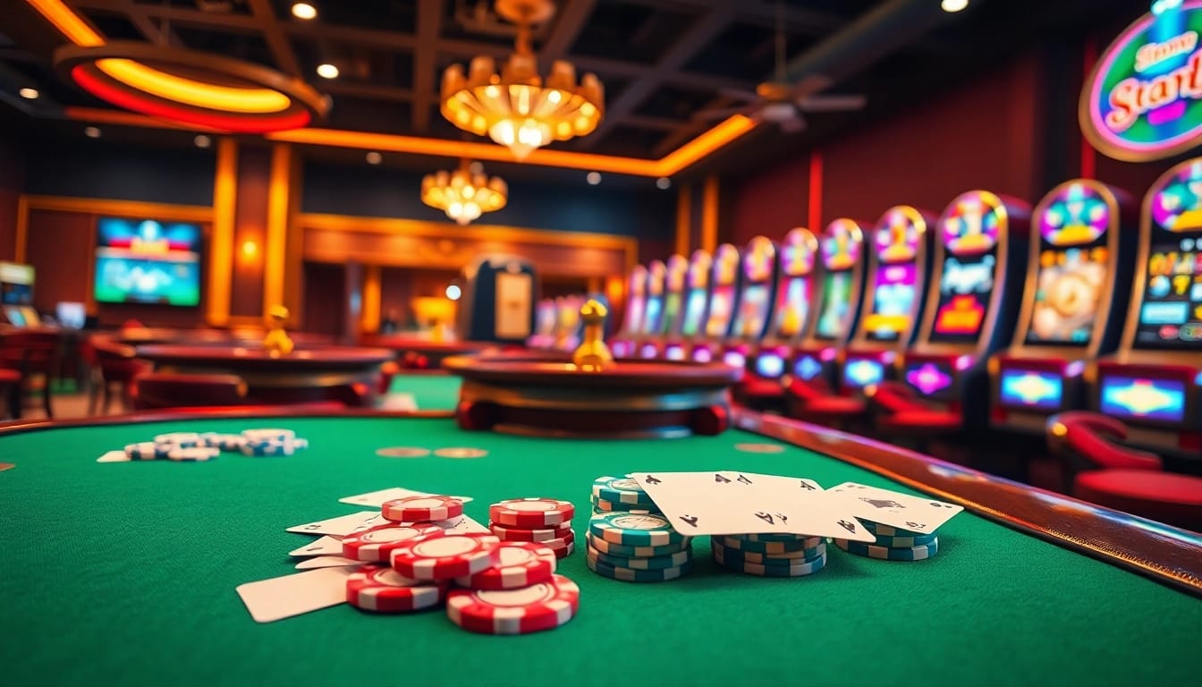 The vibrant casino atmosphere at https://xxgg.vin/ showcasing luxuriously designed tables and slot machines.