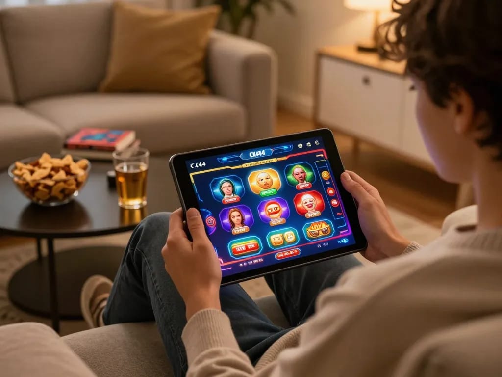 Player enjoying a CK444 online gaming experience on a tablet with snacks nearby, highlighting a cozy gaming atmosphere.