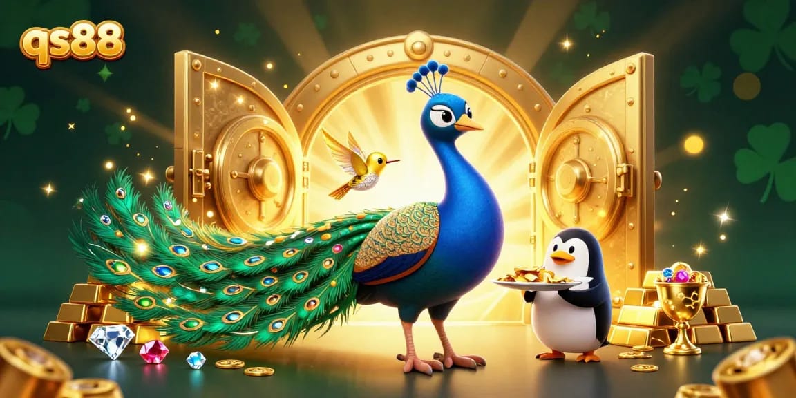 Join the excitement of qs88 as a colorful peacock and friends celebrate with golden chips and dazzling jewels.