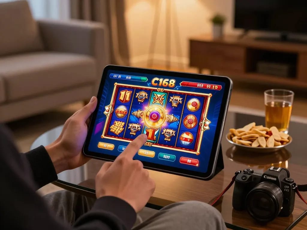C168 online gaming session on a tablet in a cozy living room with snacks.