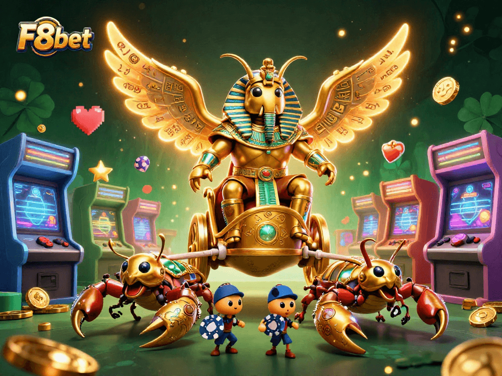 Engage with F8bet's vibrant gaming scene featuring golden scarabs, scorpions, and poker action.