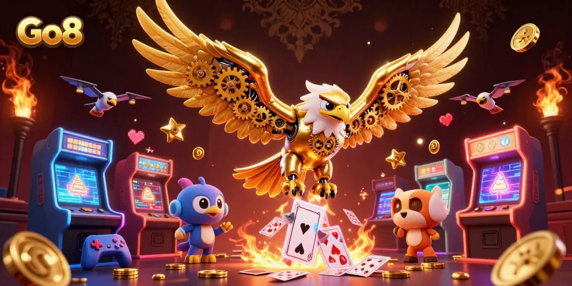 Go8 offers thrilling gaming action with a cybernetic eagle diving through holographic cards.