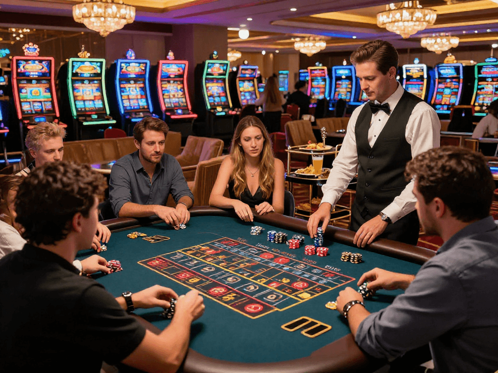 Experience high-stakes excitement at https://vin88-casino.games/ with friends at a vibrant roulette table.