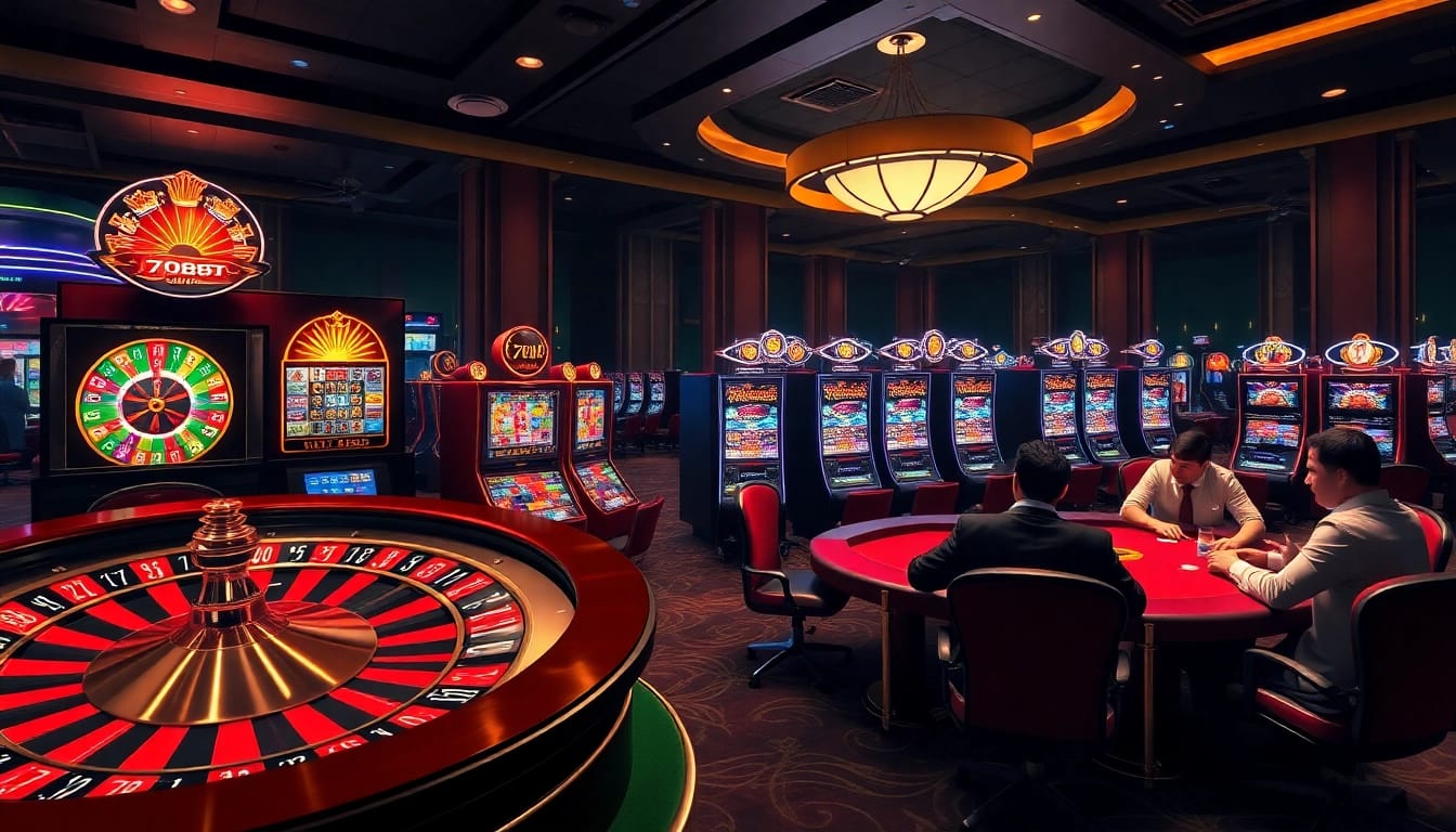 Experience the thrill of gaming at 788T with vibrant slot machines and roulette tables.