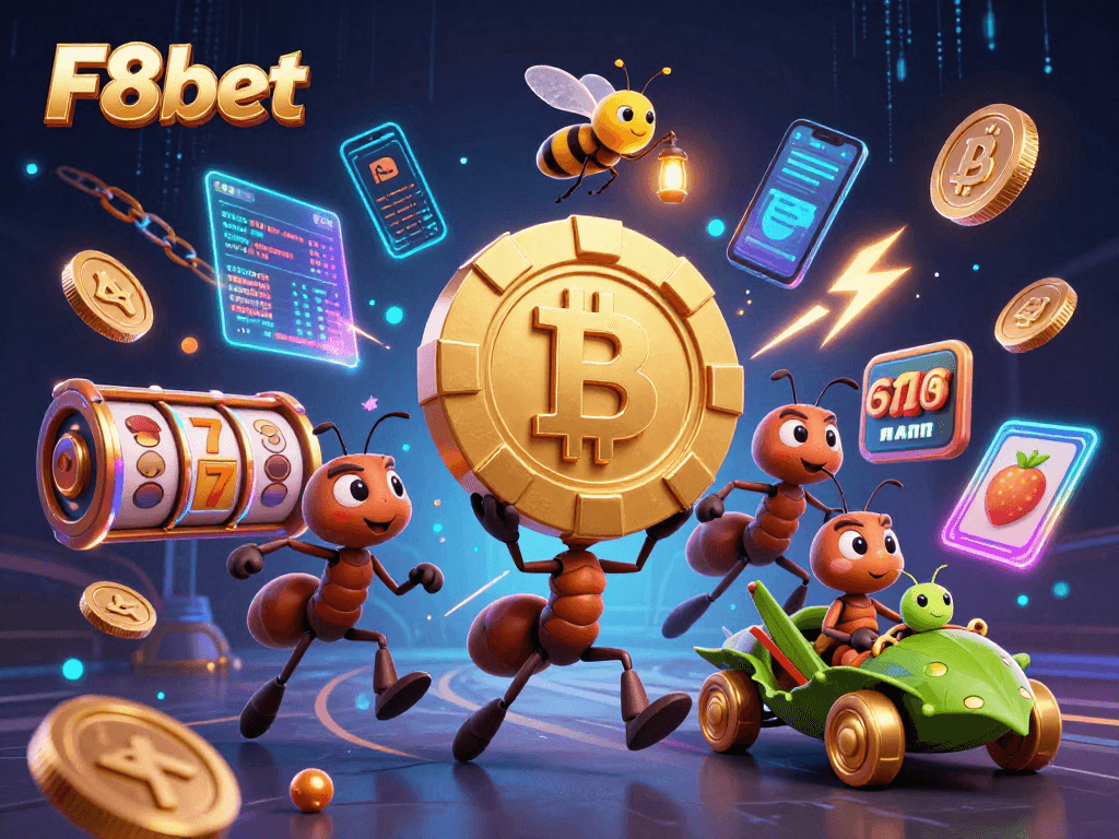 F8bet showcases a team of cartoon ants in a heist carrying a huge poker chip amidst a vibrant casino scene filled with crypto coins and slot symbols.