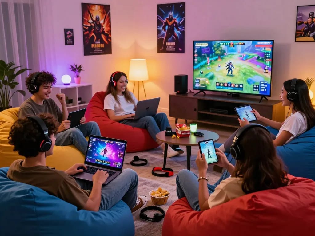Engaging scene of friends playing free porn games on various devices in a vibrant gaming setup.