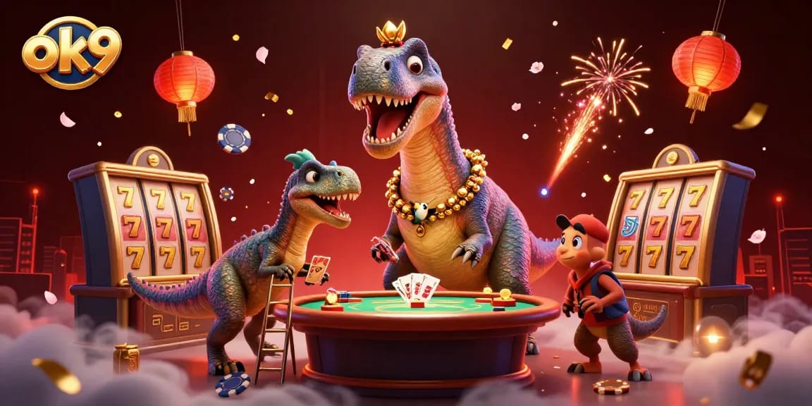 Engage with exciting casino action at ok9 featuring colorful slots, lively characters, and festive decorations.