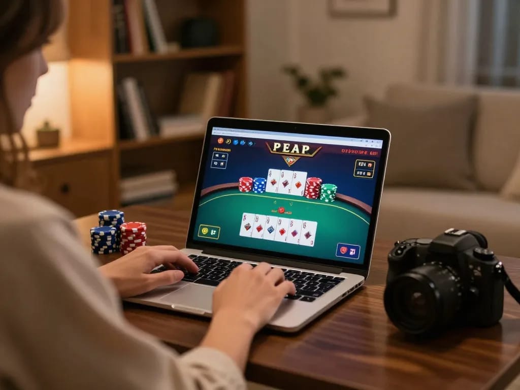Playing online poker on kp88 com with a laptop in a cozy home setting, showcasing strategy and attention.