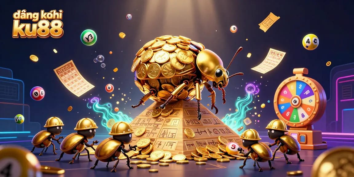 Join the fun with đăng ký ku88 as the golden beetle rolls coins to fortune in an energetic scene.