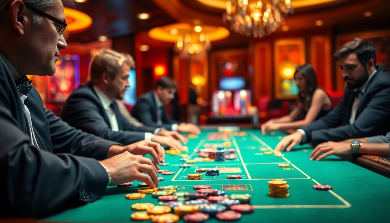 Joueurs engagés autour d'une table de casino en ligne fiable avec des jetons colorés.