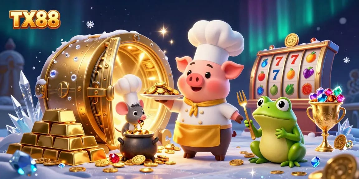 Experience winning strategies with TX88 through an ultra-detailed 3D casino illustration featuring a chef pig, sous-chef mouse, and critic frog.