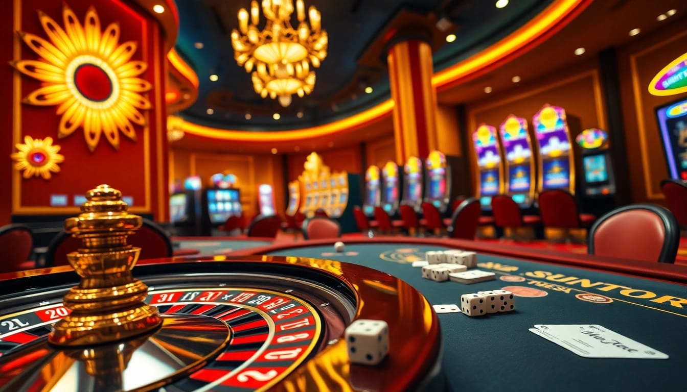 Experience the thrill of sunwin gaming with a colorful casino scene featuring roulette and poker tables.