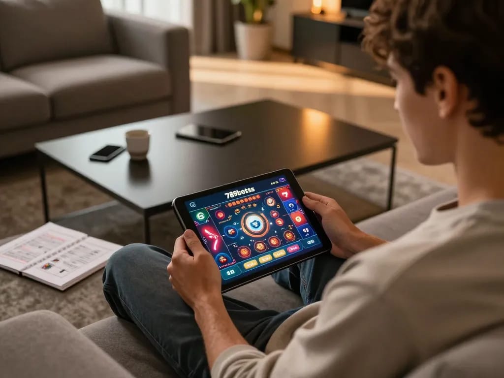Engaging online gaming with 789betss on tablet, showcasing a vibrant casino interface and cozy atmosphere.