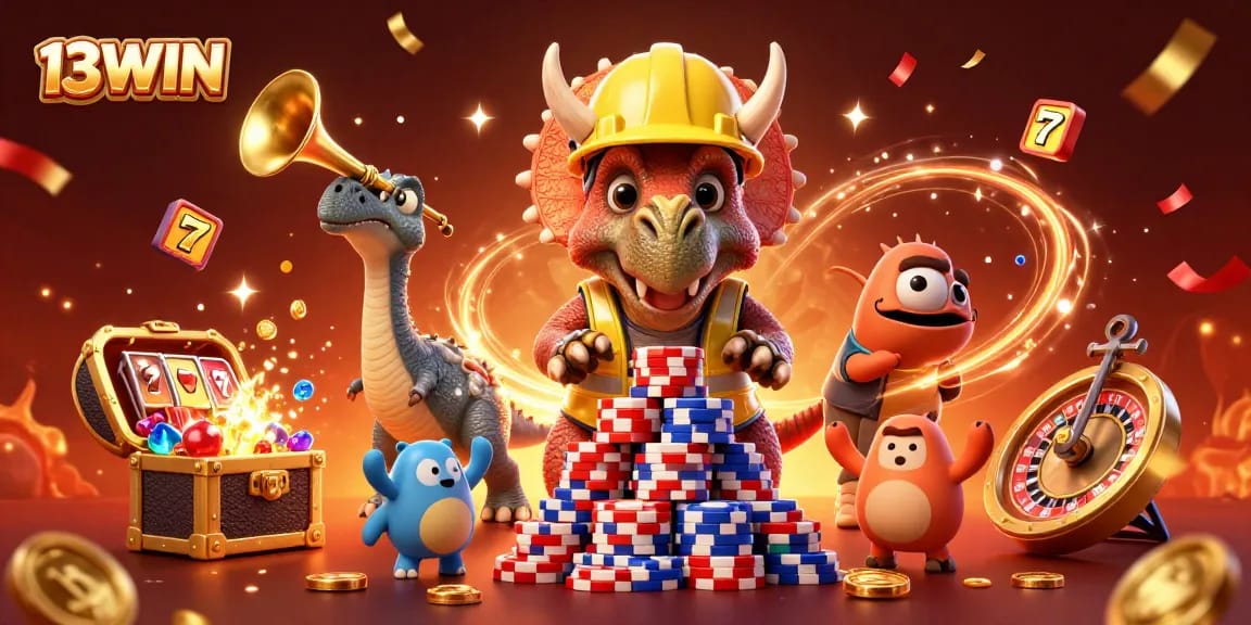 Experience the excitement at 13WIN with a colorful casino scene filled with dynamic characters and gaming elements.