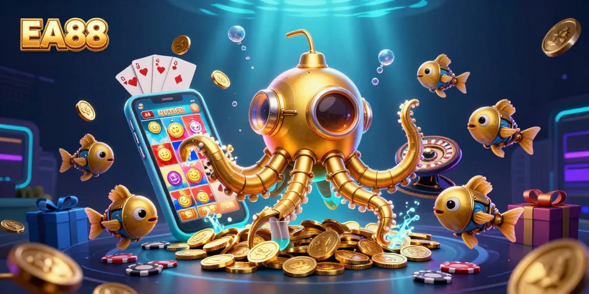 Play exciting slot games with EA88, featuring a dynamic 3D kraken submarine and golden coins.