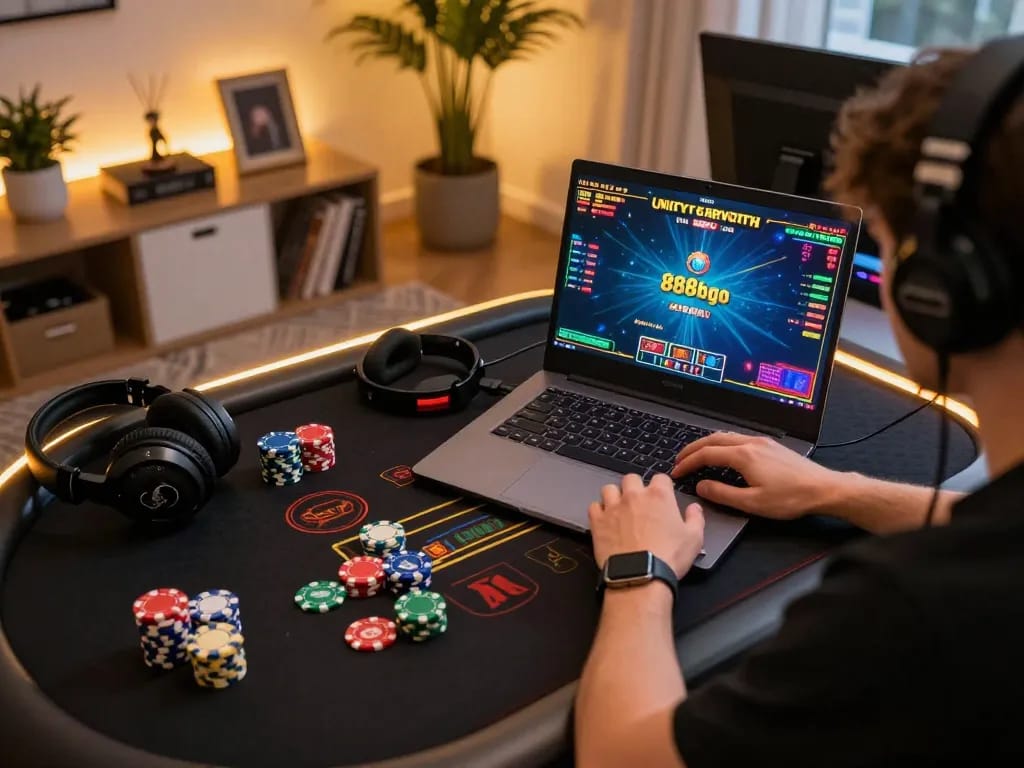 Engaged player enjoying online gaming experience with 888bgo on laptop amidst vibrant gaming setup