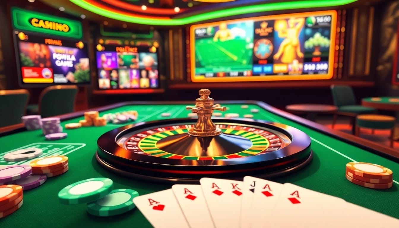 Casino en ligne retrait instantané avec un tableau de roulette coloré et des cartes à jouer.