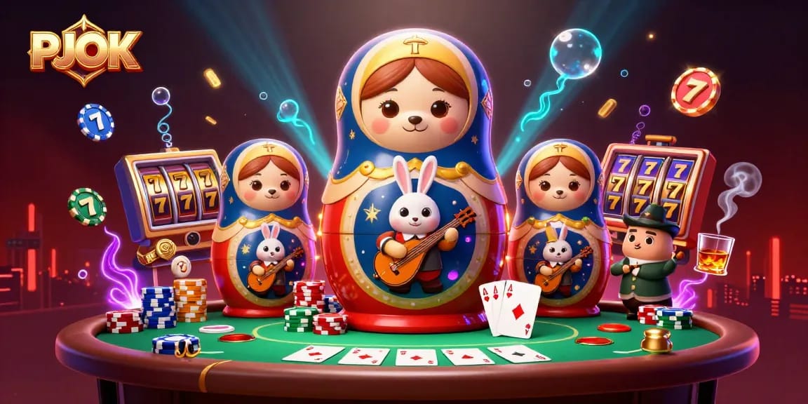 Experience thrilling gaming action at PJOK with a vibrant 3D illustration of casino characters and elements.