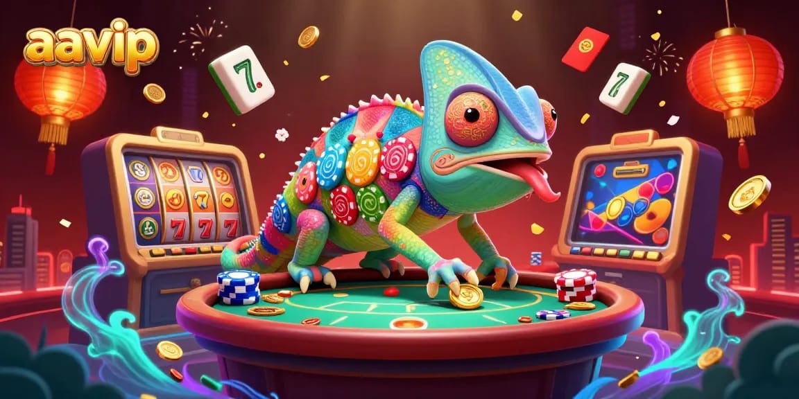Aavip's dynamic online casino scene with a vibrant chameleon owner and slot reels.