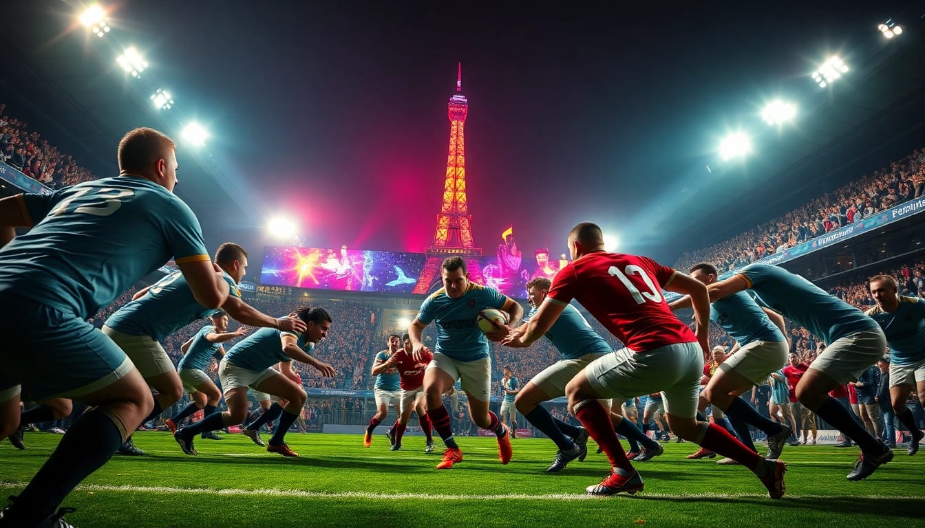 Pari sportif de rugby à Paris, illustrant des joueurs en action sur le terrain.
