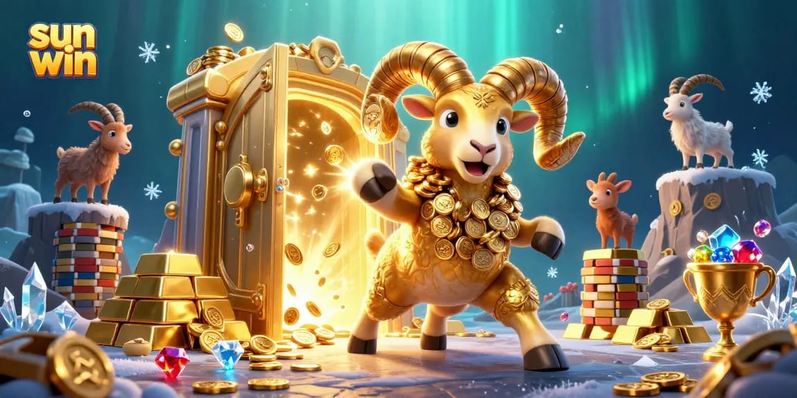 Win big with sun win: a golden ram charging through a casino treasure vault
