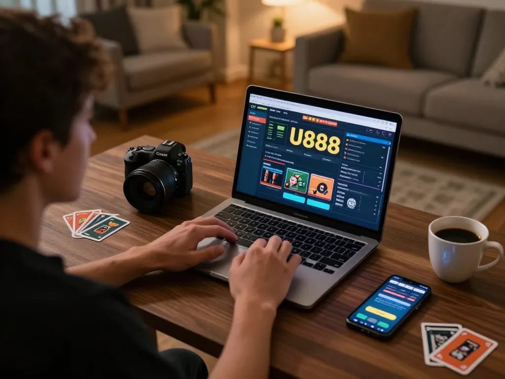 Engaging in U888 online gaming at home with laptop and smartphone while strategizing.