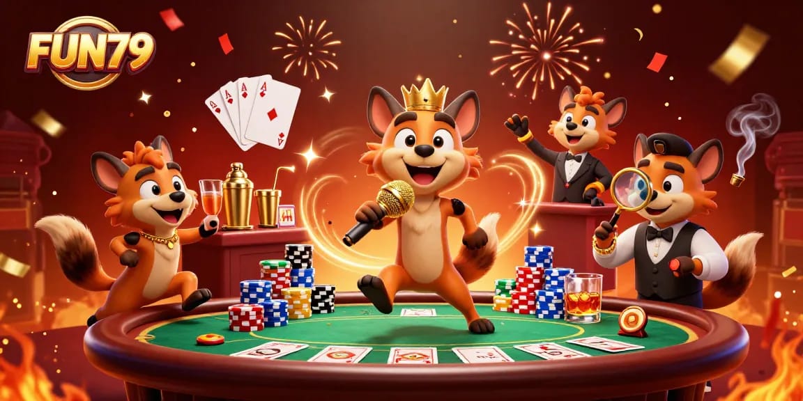 Experience the excitement at FUN79 with hyenas at a comedy casino, featuring poker and vibrant decor.