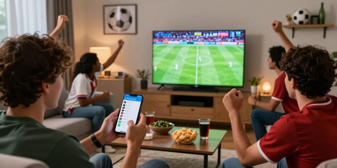 Excited fans watching football live on Multicanais, enjoying HD streaming and updates.