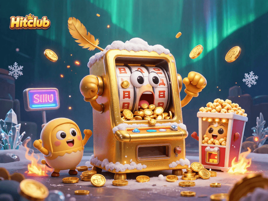 Hitclub jackpot celebration scene with a golden slot machine shocked by coins pouring out, enhancing casino excitement.