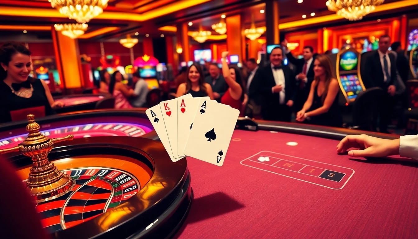 Players enjoying a thrilling game of i9 bet at a glamorous casino table, celebrating their wins.