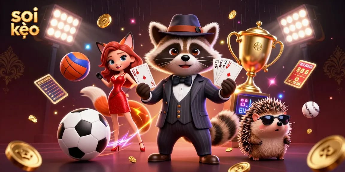 Engage in thrilling soi kèo action with a suave raccoon and friends at a bustling sports event.