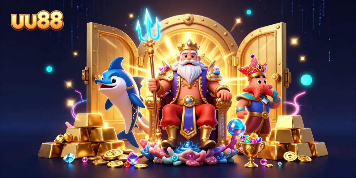 Experience the thrilling world of uu88 with Neptune guarding treasure in a vibrant sea scene.