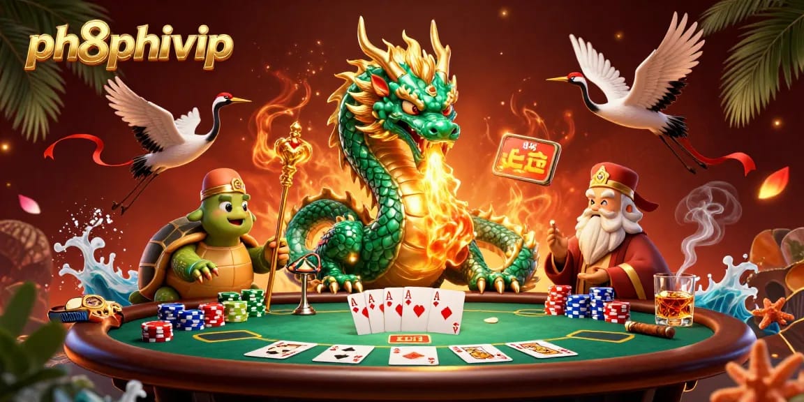 Engage with ph8phivip's vibrant poker scene featuring a dragon, turtle sage, and lucky cranes.