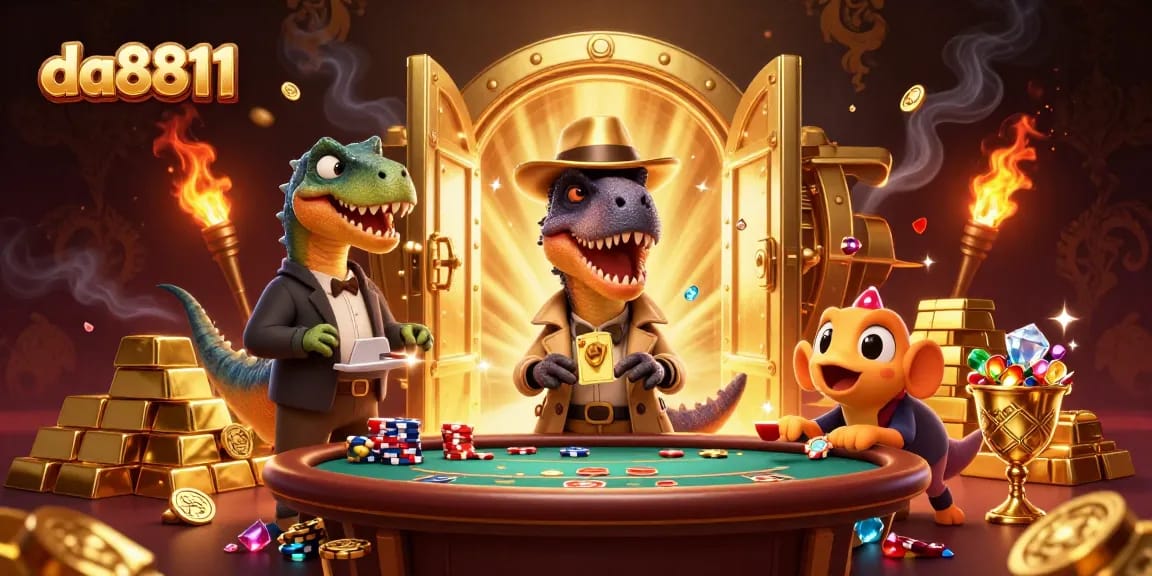 Bet on da8811 with a playful velociraptor card counter at a lively casino blackjack table.