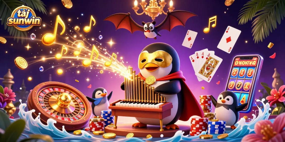 Experience the magic of tại sunwin with a vivid scene of a penguin at a casino organ.
