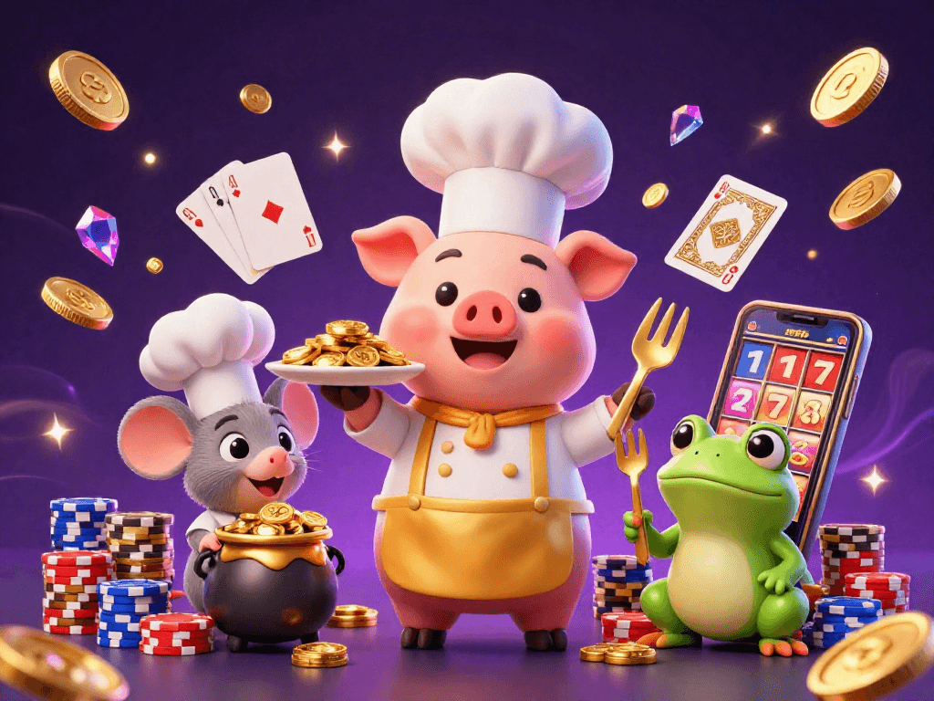 Engage with kèo nhà cái 5 as the chef pig serves gold coins in a vibrant casino scene.