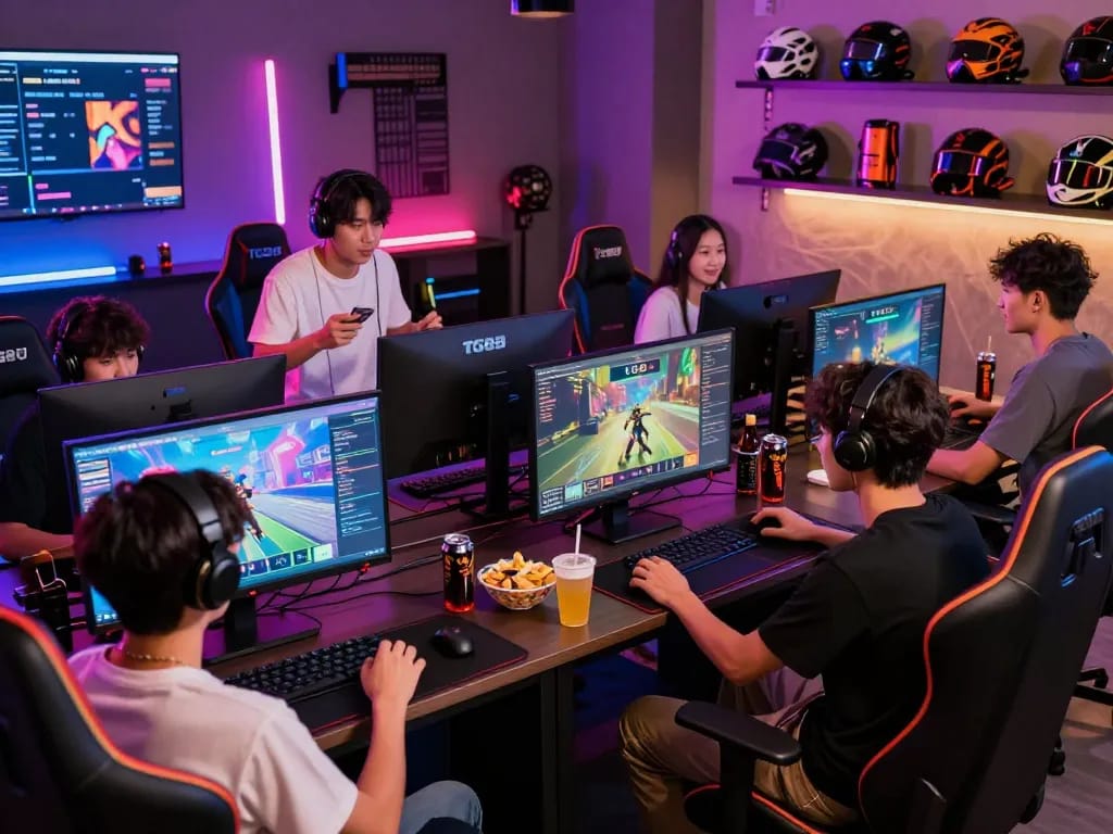 TG88 trang chủ gaming scene with friends enjoying online games and tech setup