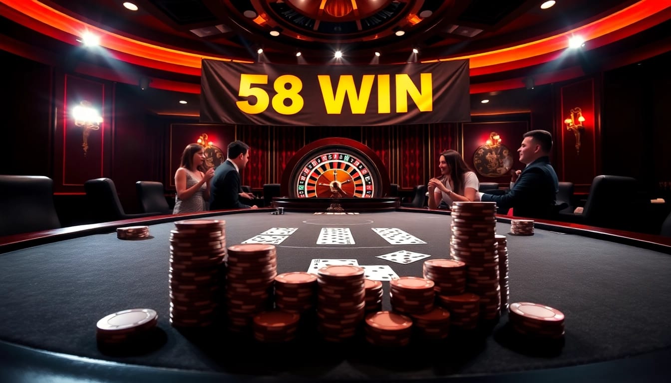 Experience the thrill of victory with 58 WIN at a vibrant poker table in a luxury casino.