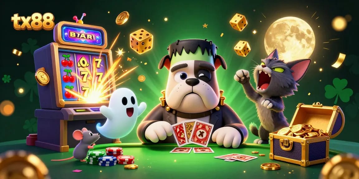 Engage in thrilling gameplay at tx88 with vibrant casino illustrations featuring lucky symbols and monsters.