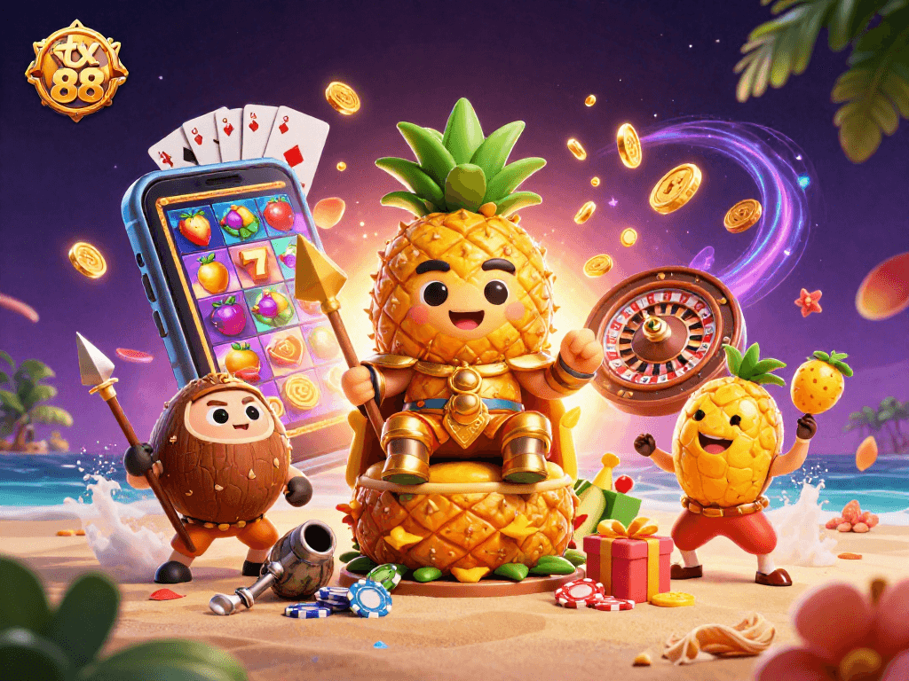 Engage with the tx 88 action as the golden pineapple king rules over a vibrant beach casino scene.