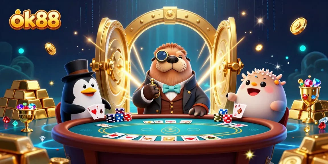 Play poker at ok88 with vibrant casino characters in a dynamic underwater scene.