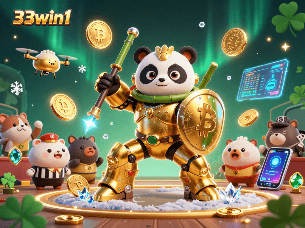 Join the fun at 33win1 with a vibrant 3D casino scene featuring a mech-suit panda amidst crypto coins!