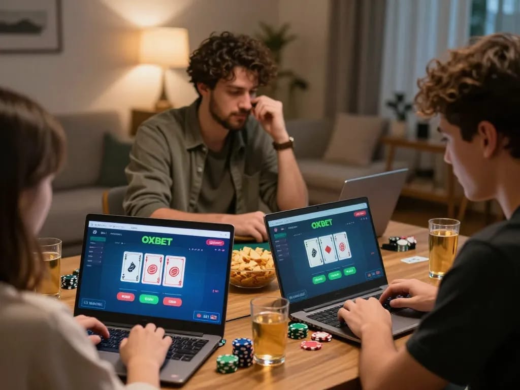 Friends strategizing together on OxBet while playing online poker at home, showcasing competitive gameplay.