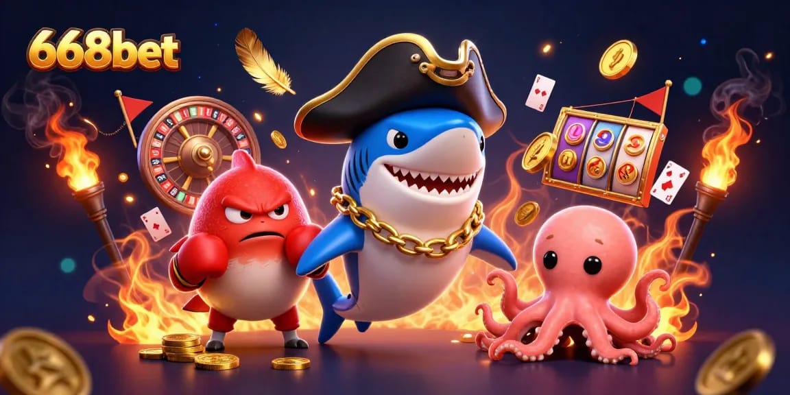 Engage in thrilling gameplay on 668bet with animation by the pirate shark and friends.