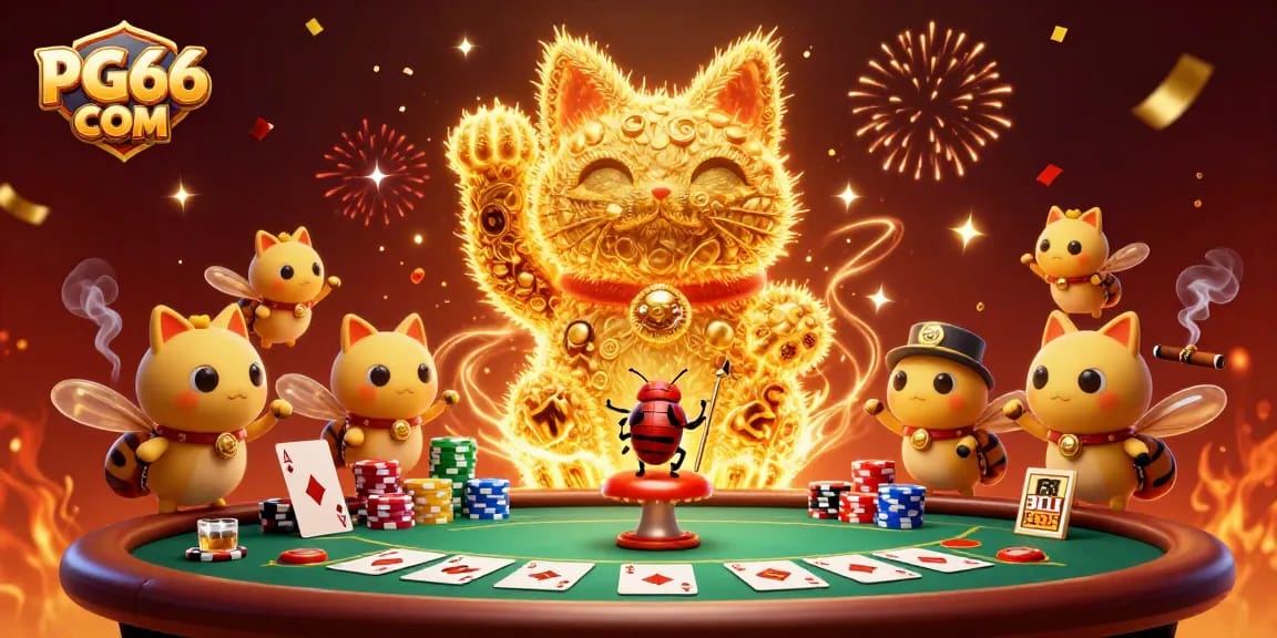 Experience the excitement of PG66 COM with dynamic casino symbols amidst a golden lucky cat scene.