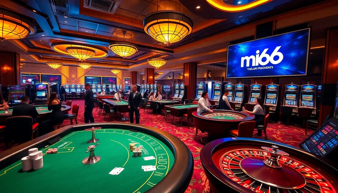 Excited players enjoying mb66 tables and slot machines in a luxurious casino setting.